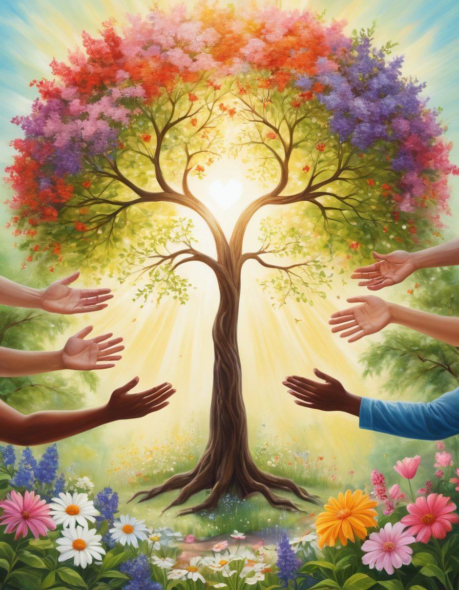 A serene garden setting with a diverse group of individuals engaging in supportive conversation, surrounded by blooming flowers and soft sunlight. Include symbolic elements like a circle of hands and a heart-shaped tree, representing unity and holistic healing. Emphasize positive emotions and connection in their expressions. soft focus. vibrant colors. painting.