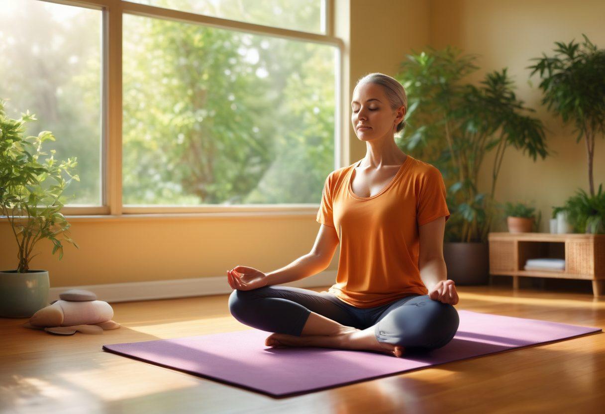 A serene scene of a cancer patient meditating in a sunlit room, surrounded by greenery and wellness elements like yoga mats, healthy food, and soothing tea. Show a vibrant color palette with soft, warm tones to evoke feelings of tranquility and empowerment. Include motivational quotes subtly integrated into the background. super-realistic. vibrant colors. soft focus.