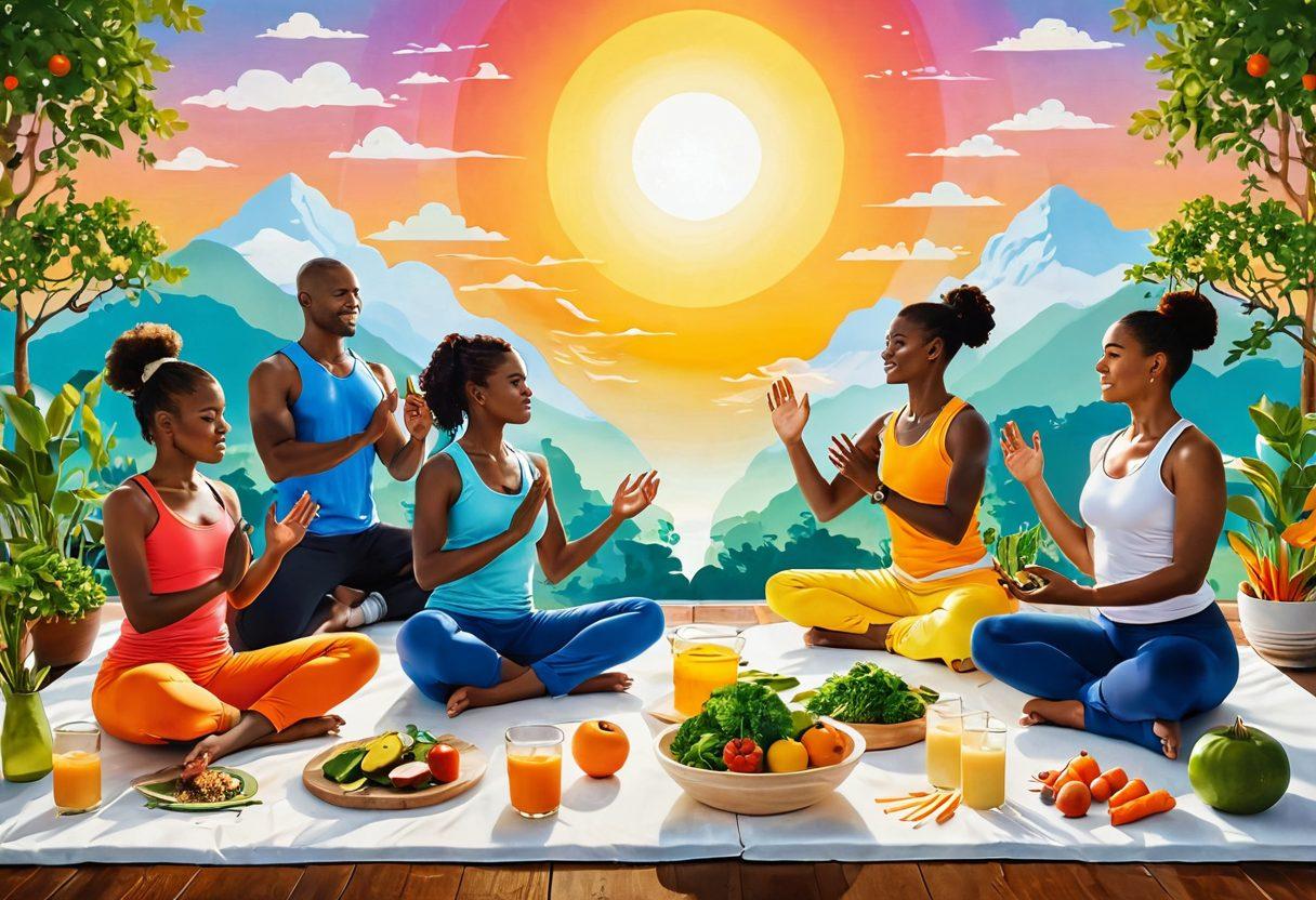 A vibrant and uplifting scene depicting a diverse group of individuals engaging in various healthy lifestyle activities, such as exercising, meditating, and cooking nutritious meals, surrounded by symbols of empowerment like books and growth charts. The background features a bright sun rising, representing hope and new beginnings. The color palette should be lively and inviting to inspire positivity. super-realistic. vibrant colors. white background.